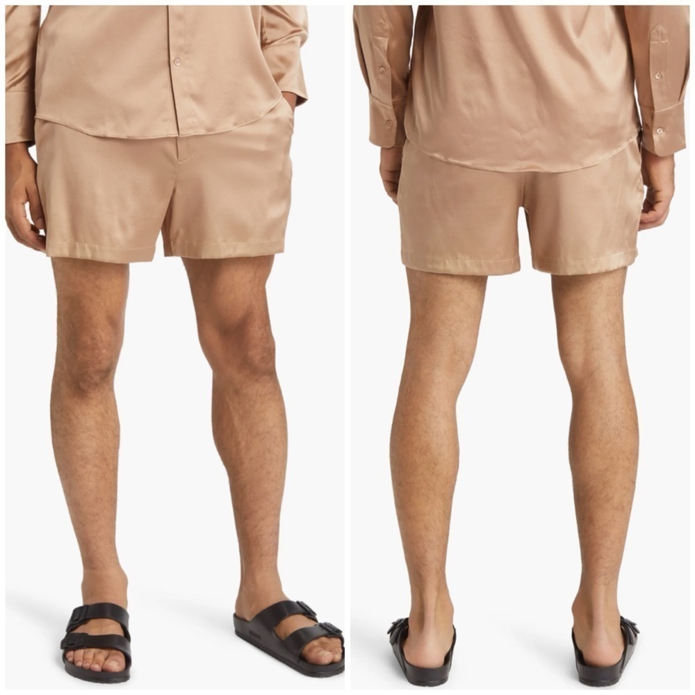 SER.O.YA Men's Jesse Flat Front Stretch Silk Shorts in Natural Size Medium NWT